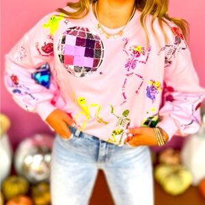 Queen of Sparkles Pink Skeleton Disco Party Halloween Sweatshirt - HARD TO FIND!